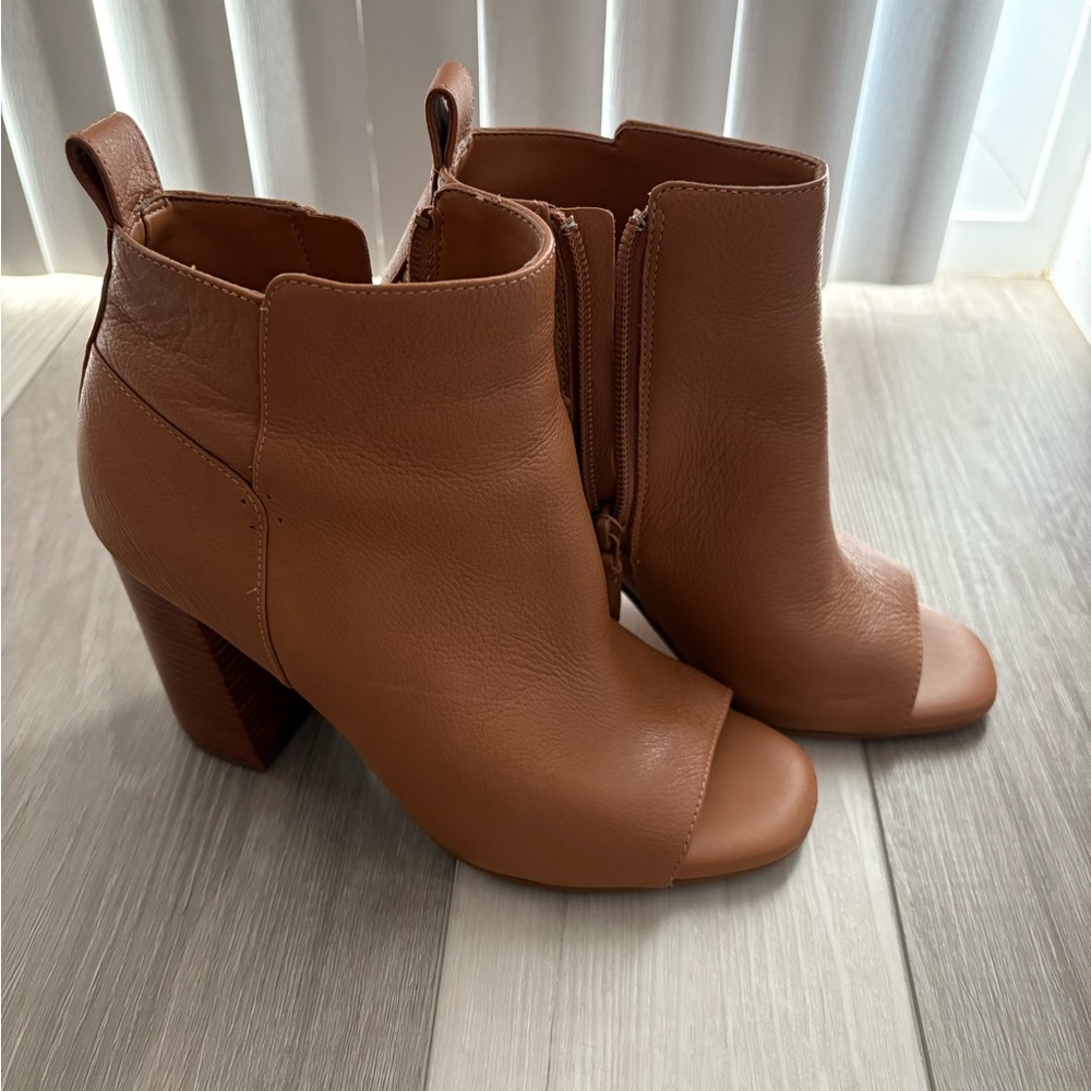 Tan Chunky Heel Ankle Booties with Side Zipper